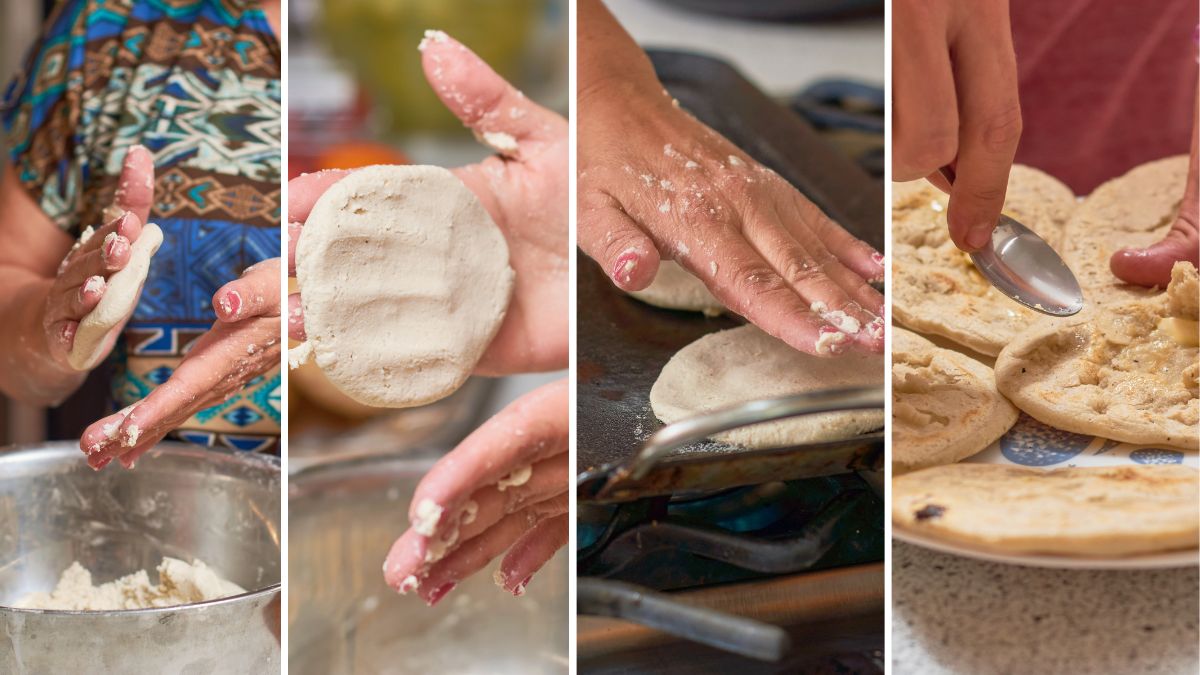 A woman preparing Sopes in four steps shaping, cooking on comal, and transferring to a plate