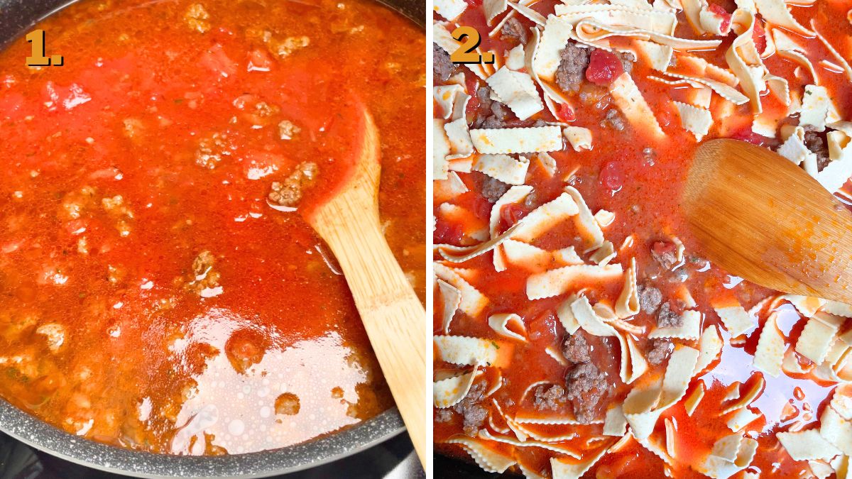 Adding the Pasta to Lasagna Soup with Ricotta