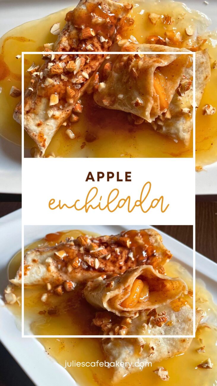 apple enchiladas served with vanilla sauce and almonds on white plate