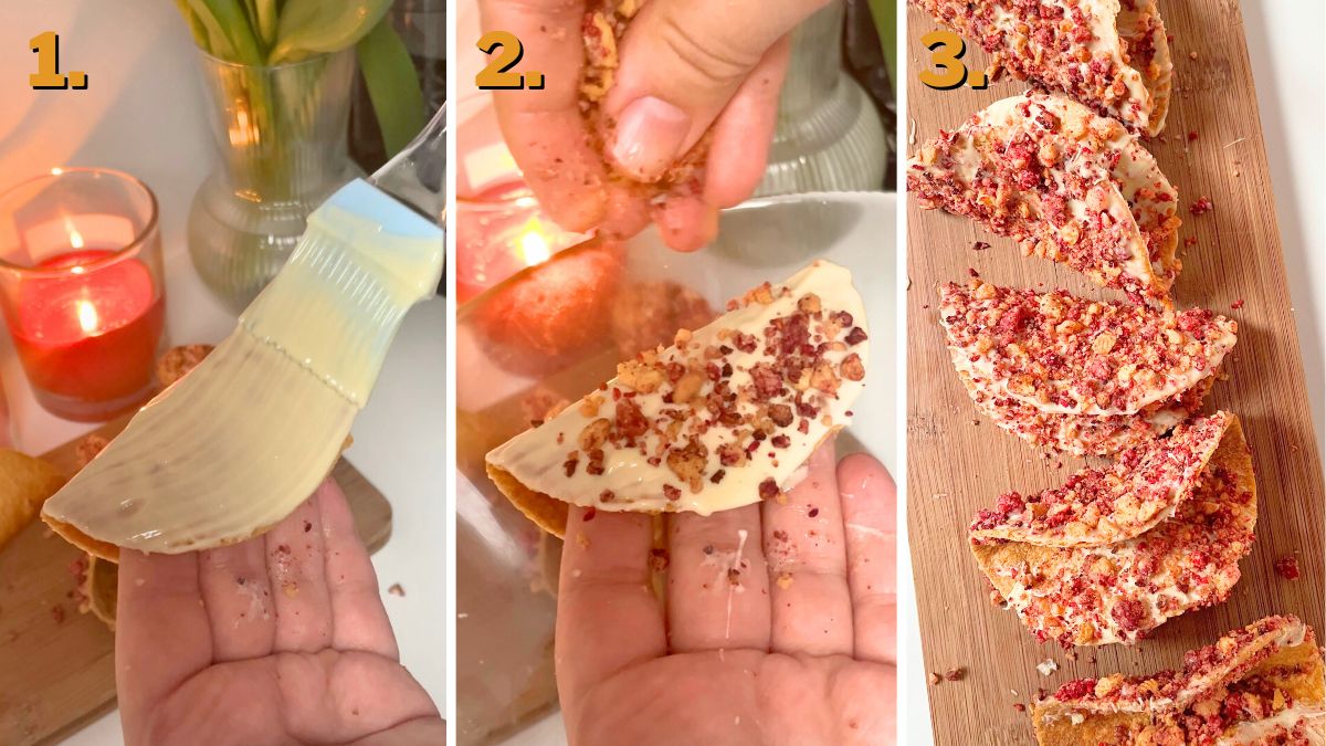 Assembling Taco Shells for Strawberry Crunch Cheesecake Tacos