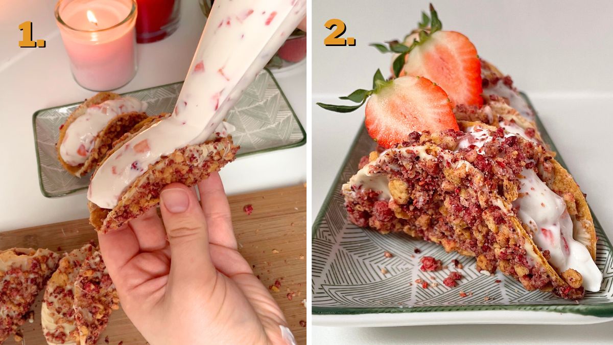 Assembling the Strawberry Crunch Cheesecake Tacos
