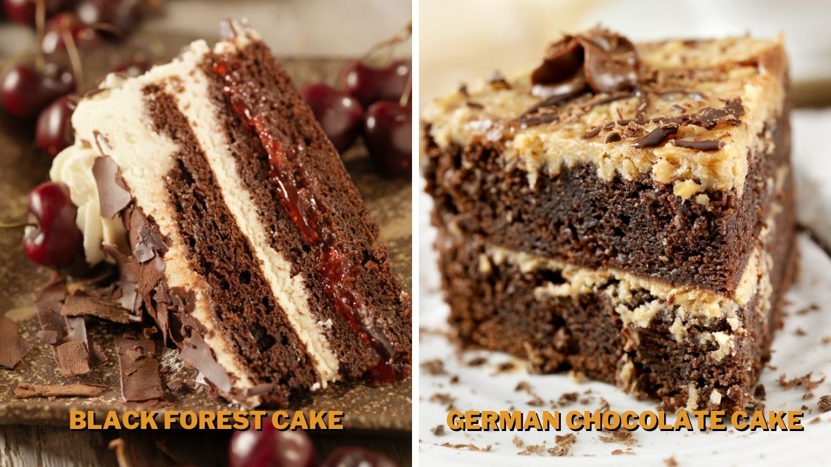 Black Forest Cake is full of frosting and cherry juice mixed in with the cake making it incredibly moist while German Chocolate Cake is generally made with coconut and pecans in the frosting.