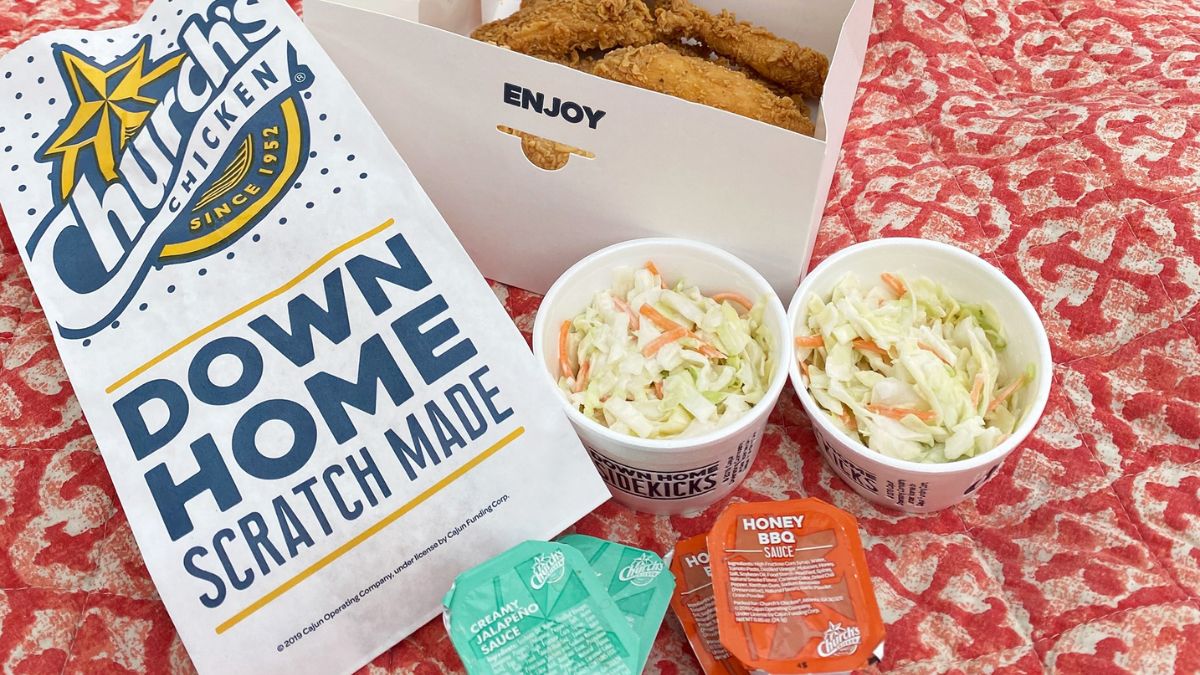 Church's Chicken order with fried chicken, coleslaw, creamy jalapeno and honey bbq sauce