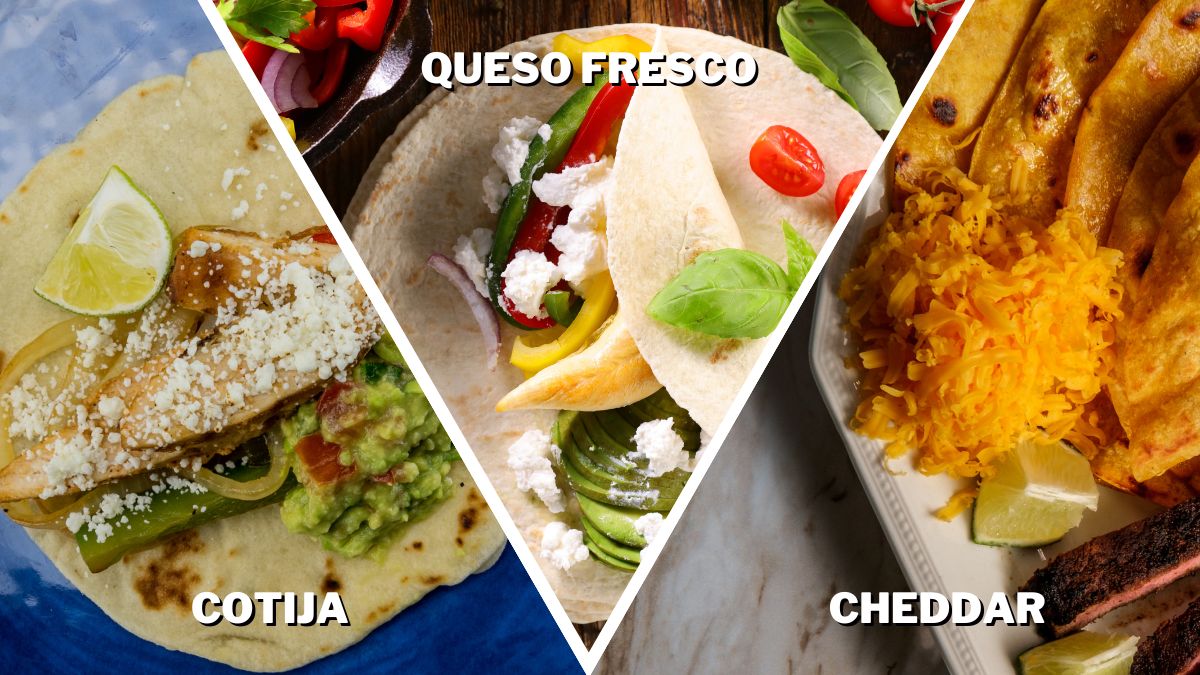 Cotija queso fresco and cheddar on fajitas