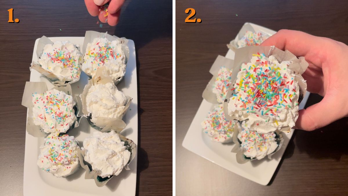 Decorating blue velvet cupcakes