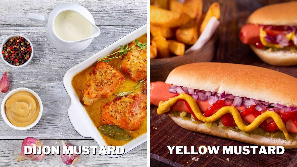 Dijon Mustard in a Meat Marinade and Yellow Mustard on Hot Dog