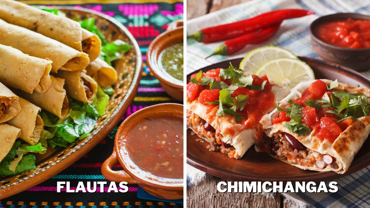 Flautas served on a pile on a plate alongside two sauces as an appetizer, and Chimichangas served as main dish on brown plate with hot sauce and two slices of lemon