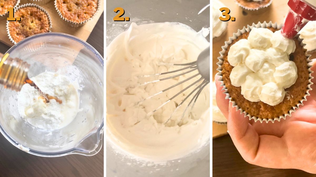 Frosting the Tiramisu Cupcakes with Coffee Marsala Syrup