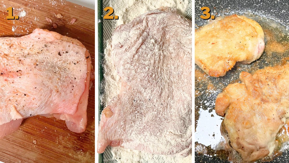 Frying the Chicken for Chicken Piccata with Artichokes