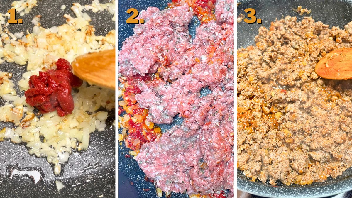 Frying the Meat for Lasagna Soup with Ricotta