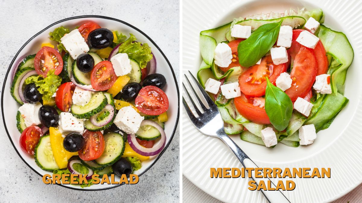 on the right is a Greek salad served in a bowl, and on the right is a Mediterranean salad served on a plate, both on white background