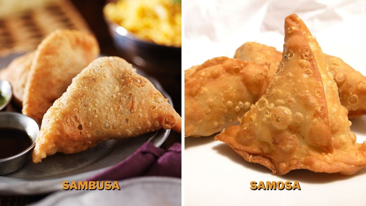 Half moon shaped Sambusa and a pyramidal shaped Samosa.