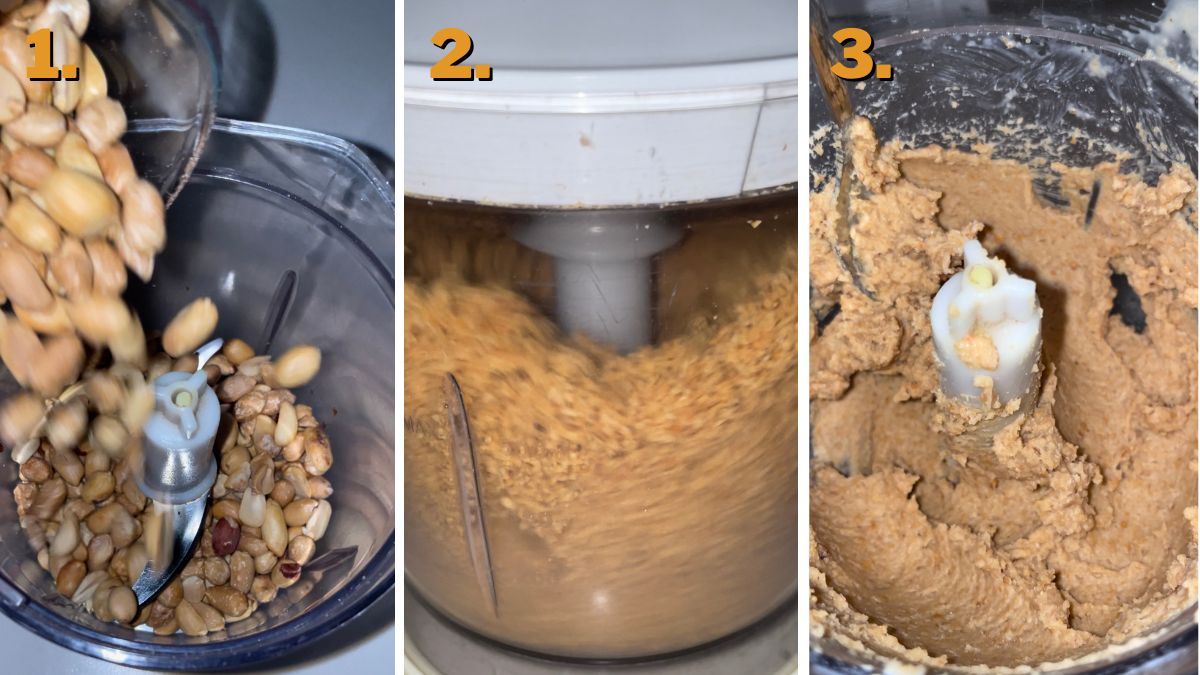 Making peanut butter in steps pouring peanuts into the blender, blending the peanuts in a blender, and the finished result - a homemade peanut butter.