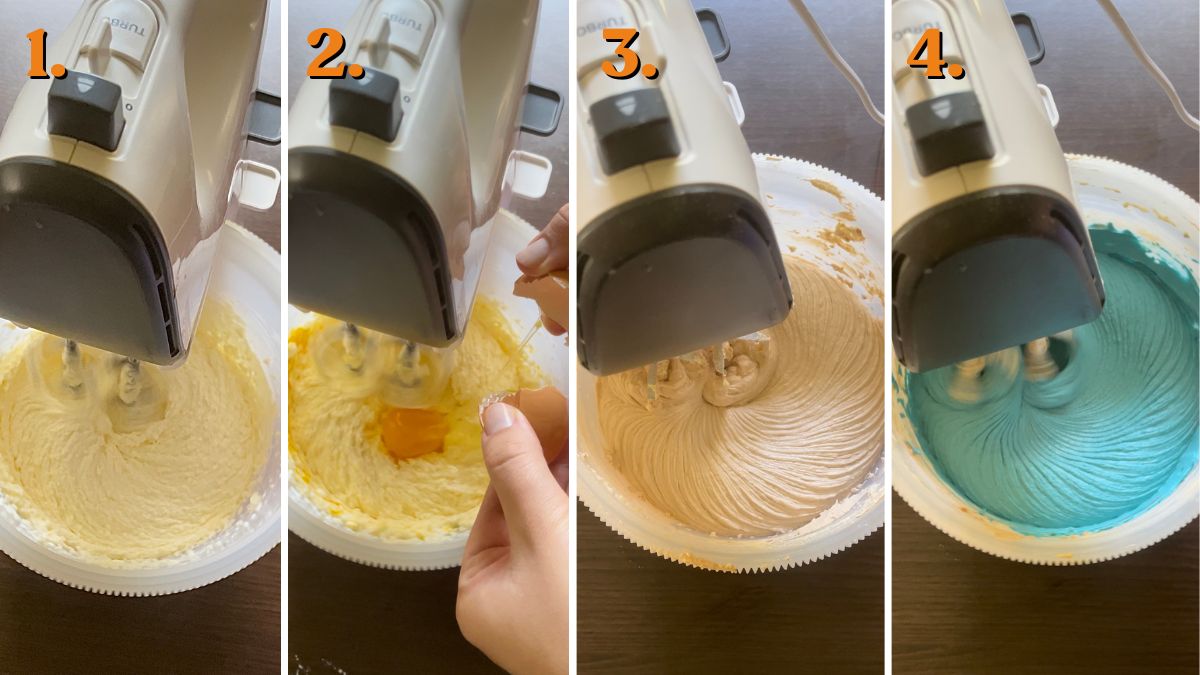 Making the batter for blue velvet cupcakes