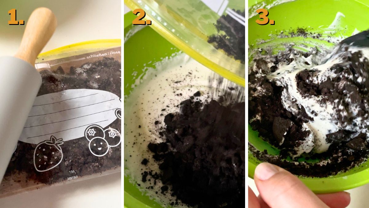 Mixing Oreo Filling for Oreo Cheesecake Tacos