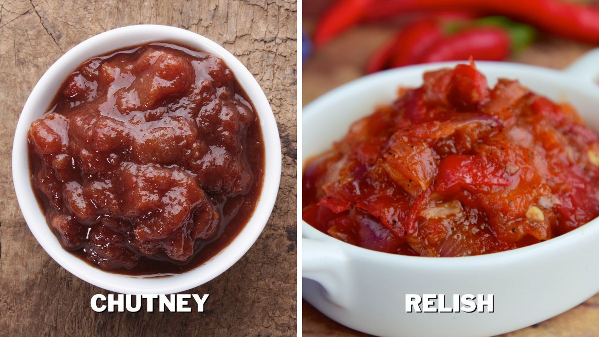 Pickle chutney in a bowl and chili relish in a bowl side by side