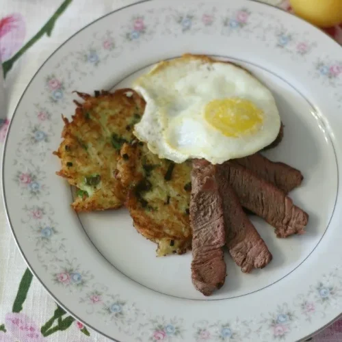 Potato Pancakes with Filet Mignon and Fried Eggs SundaySupper 003a