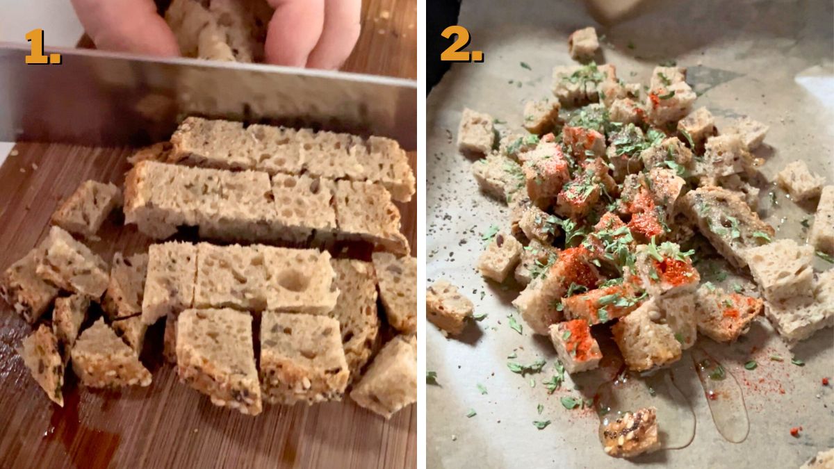 Preparing Zaatar Croutons for Sweetgreen Buffalo Chicken Salad