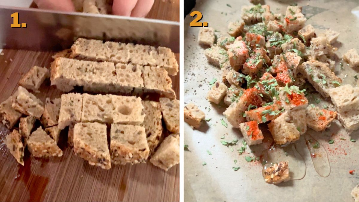 Preparing the Croutons for Texas Roadhouse Grilled Chicken Salad