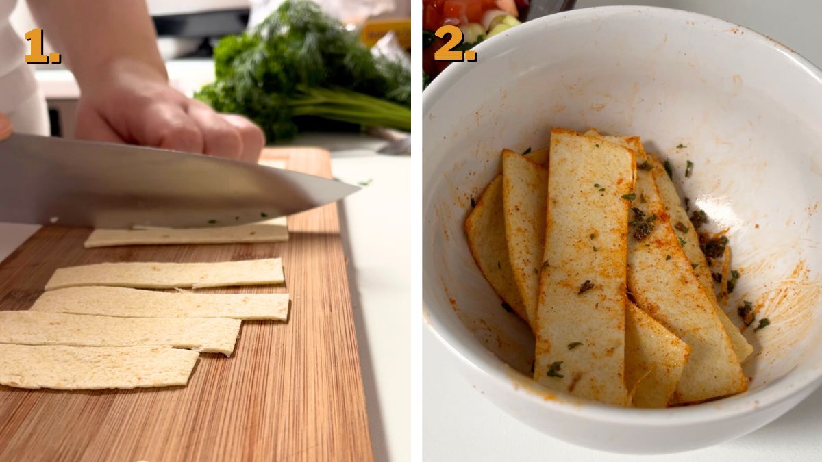 Preparing the Tortilla Strips for Chilis Buffalo Chicken Salad