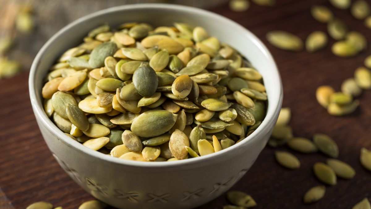 Pumpkin Seeds in a Ceramic Bowl