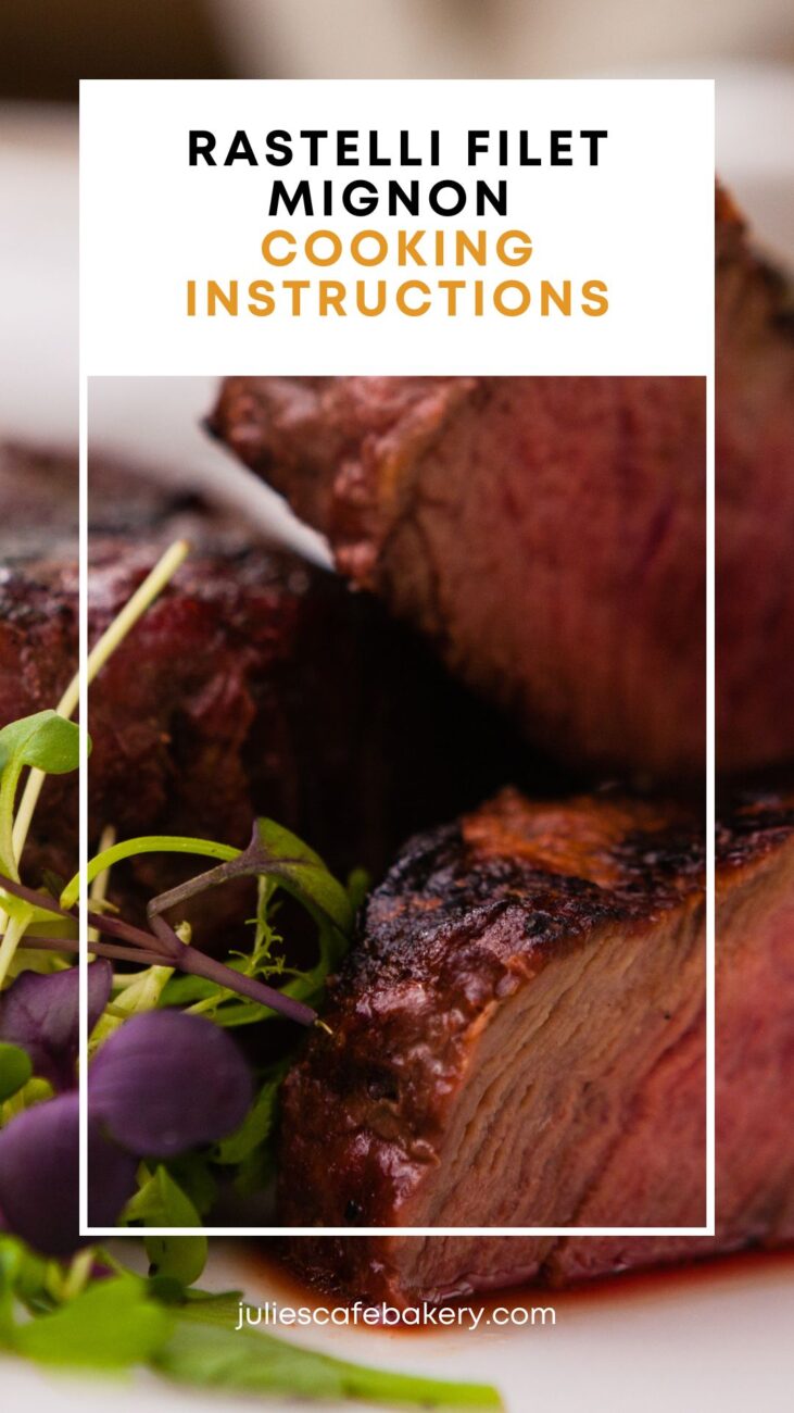 cooked Rastelli filet mignon served on a white plate decorated with herbs