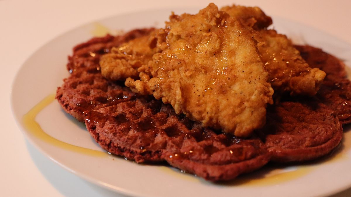 Red Velvet Cake Mix Waffles and Chicken