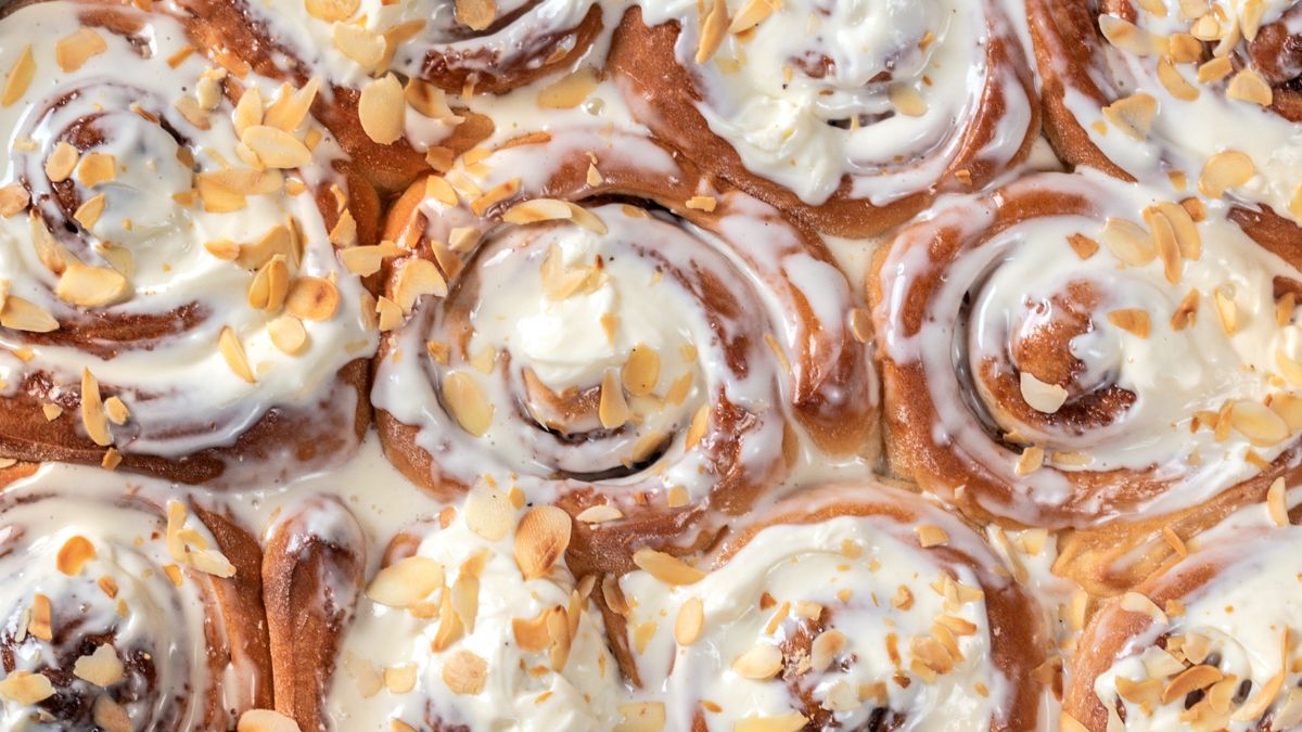 Rhodes Cinnamon Rolls With Heavy Cream and Almond Shavings