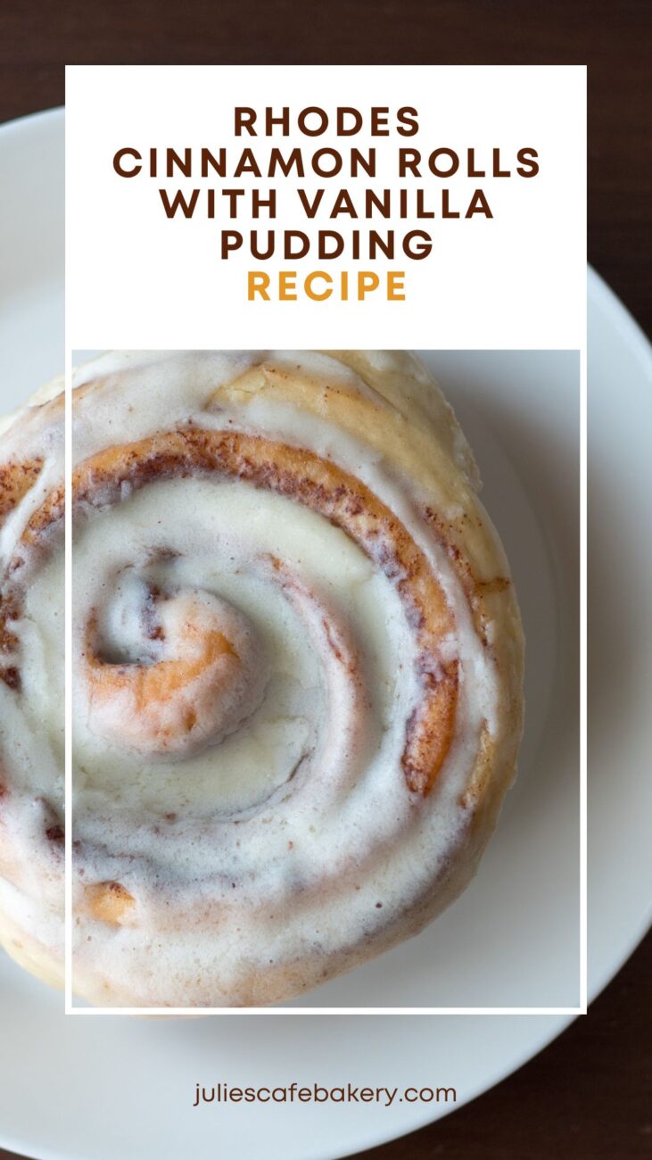 Rhodes Cinnamon Roll With Vanilla Pudding served on white plate closeup