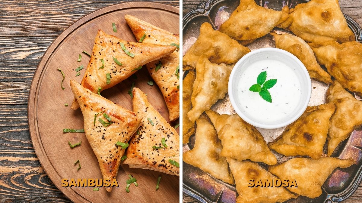 Sambusas are served plain while Samosas are served with a yogurt based sauce.