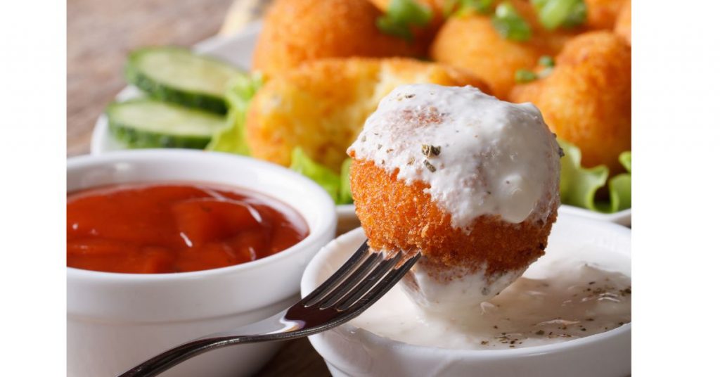 Mayo and cream cheese dip with a potato croquet serve What to Serve with Potato Croquettes
