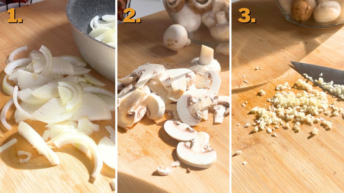 Slicing Vegetables for Caramelized Onion and Mushroom