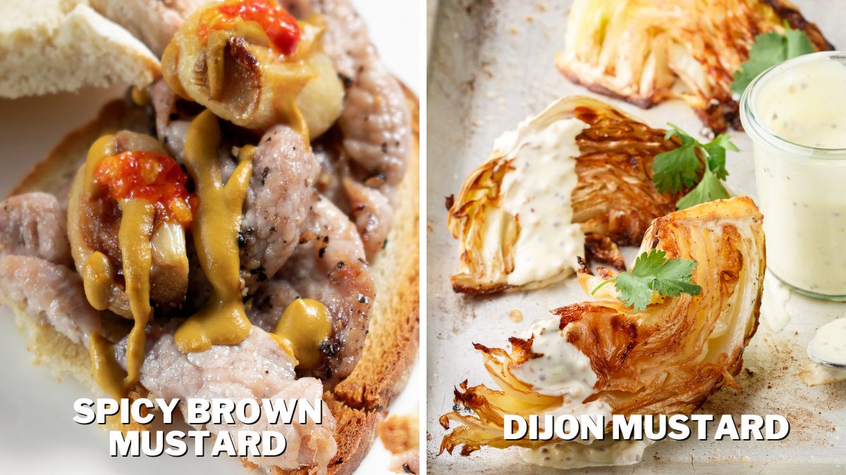 Spicy brown mustard in sandwich and roasted cabbage wedges with Dijon mustard
