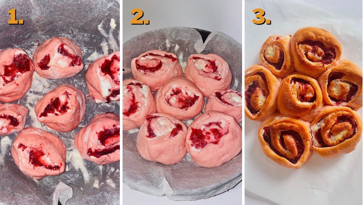 Strawberry Cheesecake Cinnamon Rolls baking