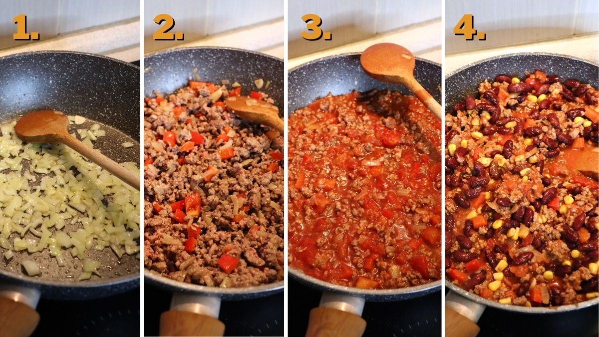 The four steps of preparing the sauce for the texas tamale pie