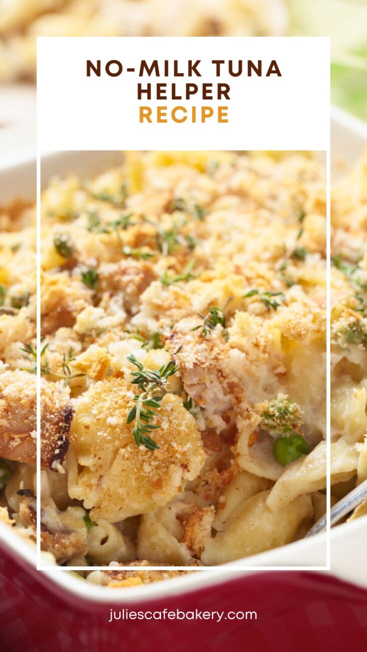 closeup of freshly made tuna helper in a red casserole dish