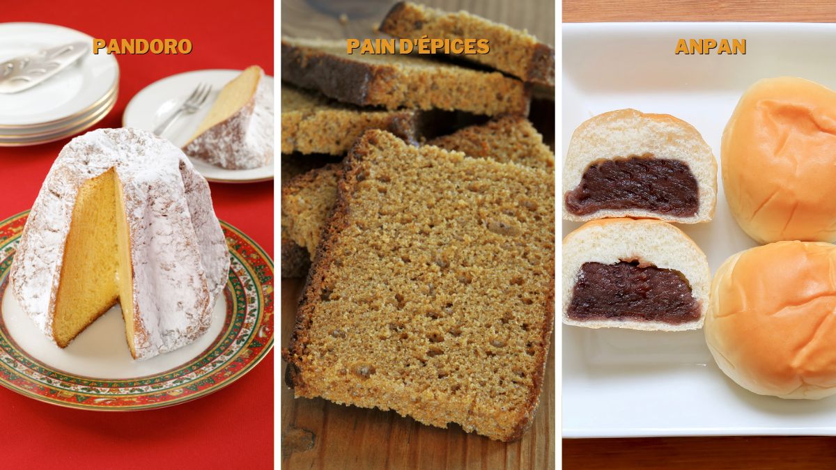 Types of Sweet Bread: pandoro, pain d'epices, and anpan pictured next to one another in different settings