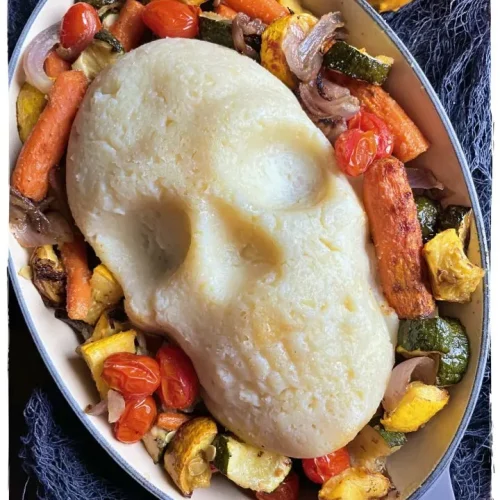 Vegan Halloween Skull Meat Loaf with Mashed Potatoes and Roasted Vegetables Planted365 06 720x960.jpg