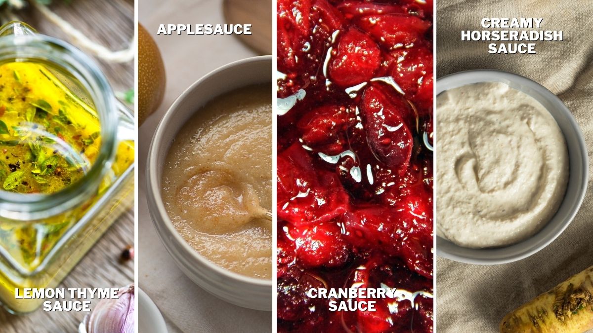 lemon thyme sauce, applesauce, cranberry sauce, creamy radish sauce as sauce options to serve with pork schnitzel