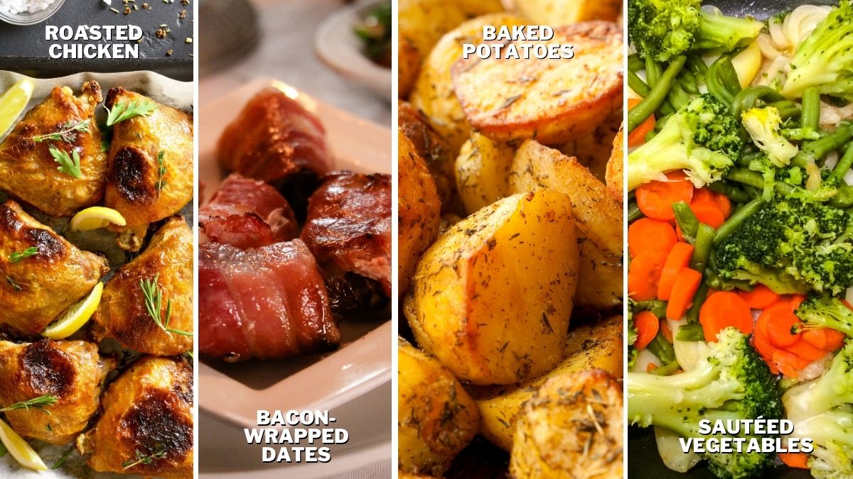 roasted chicken, bacon-wrapped dates, baked potatoes, and sauteed veggies to Serve with Creamed Spinach