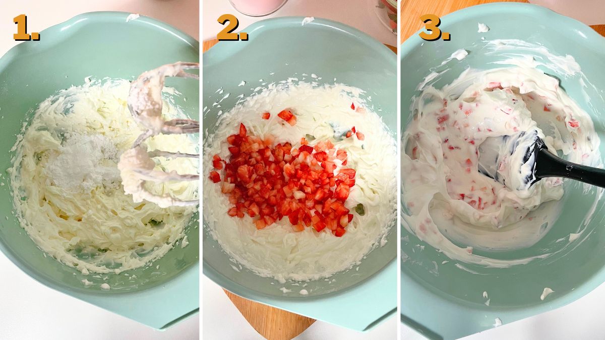 Whipping the Cream Cheese Filling for Strawberry Crunch Cheesecake Tacos