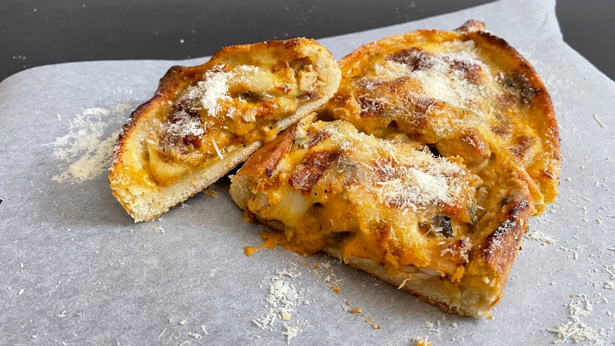 baking the chicken and mushroom pide