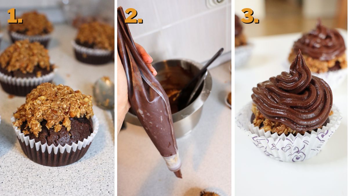 finishing touches on german choclate cake cupcakes