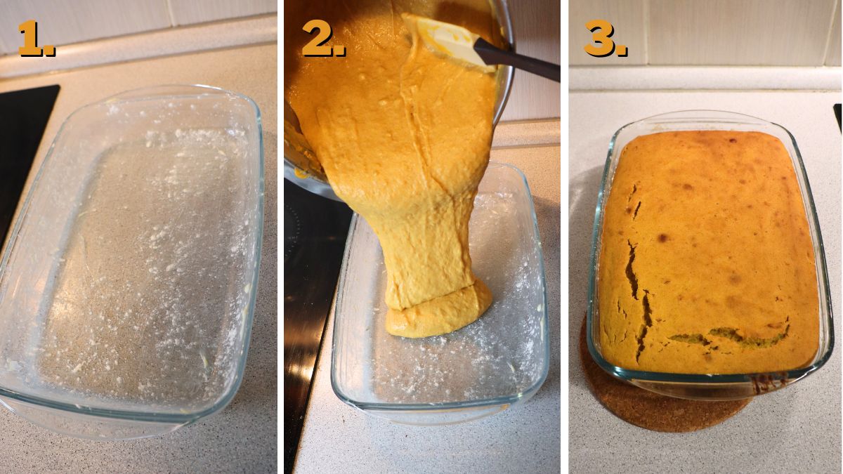 flour the dish and bake the gooey pumpkin bars