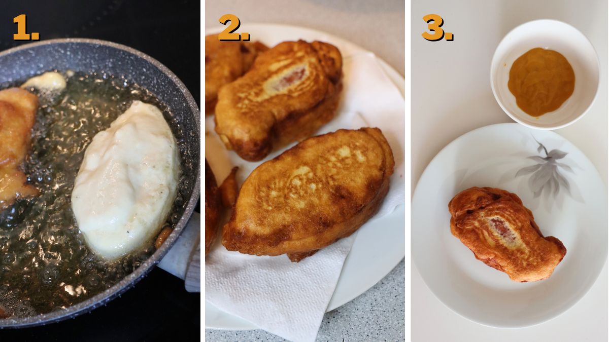 frying the sausages in beer batter and serving with yellow mustard