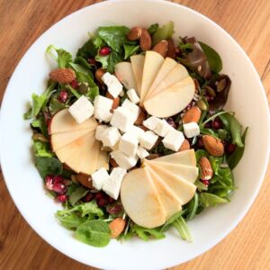 healthy fall salad recipe with apples pomegranate almonds and feta