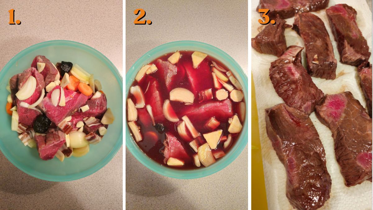 marinating the beef for pasticada beef stew