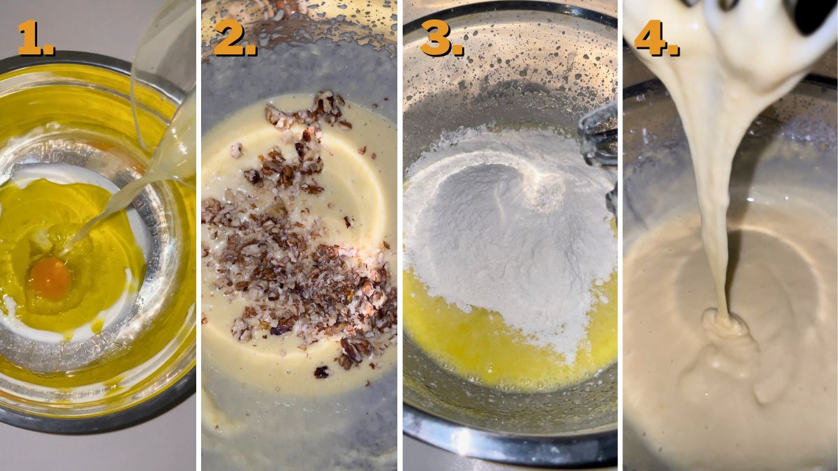 mixing the batter in steps adding yogurt, oil, eggs, and lemon juice into a mixing bowl, adding sugar, ginger, and lemon zest, mixing, adding the dry ingredients, and mixing, the last photo displays the needed cons