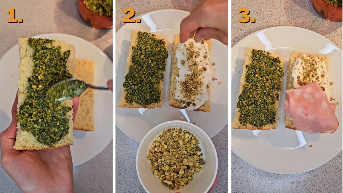 mortadella Sandwich with Stracciatella in making