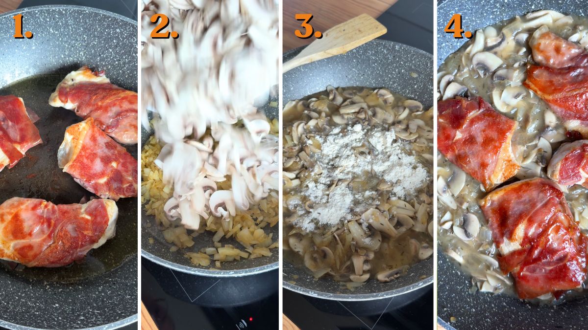 prosciutto wrapped chicken in mushroom wine sauce